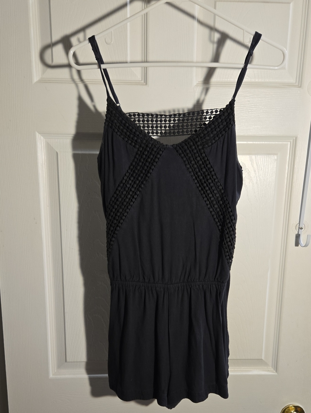 Navy Blue Spaghetti Strap Lace-Trim Romper With Pockets